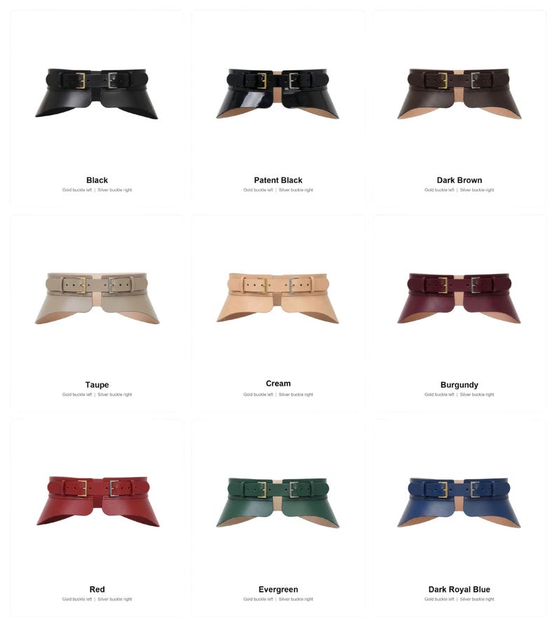 May include: A collection of wide waist belts in various colors, including black, patent black, dark brown, taupe, cream, burgundy, red, evergreen, and dark royal blue. Each belt features a double-buckle design with gold or silver hardware.