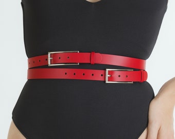 Double Buckle Leather Belt, Black Leather Waist Belt, High Waisted Belt, Blazer Belt, Double Belt