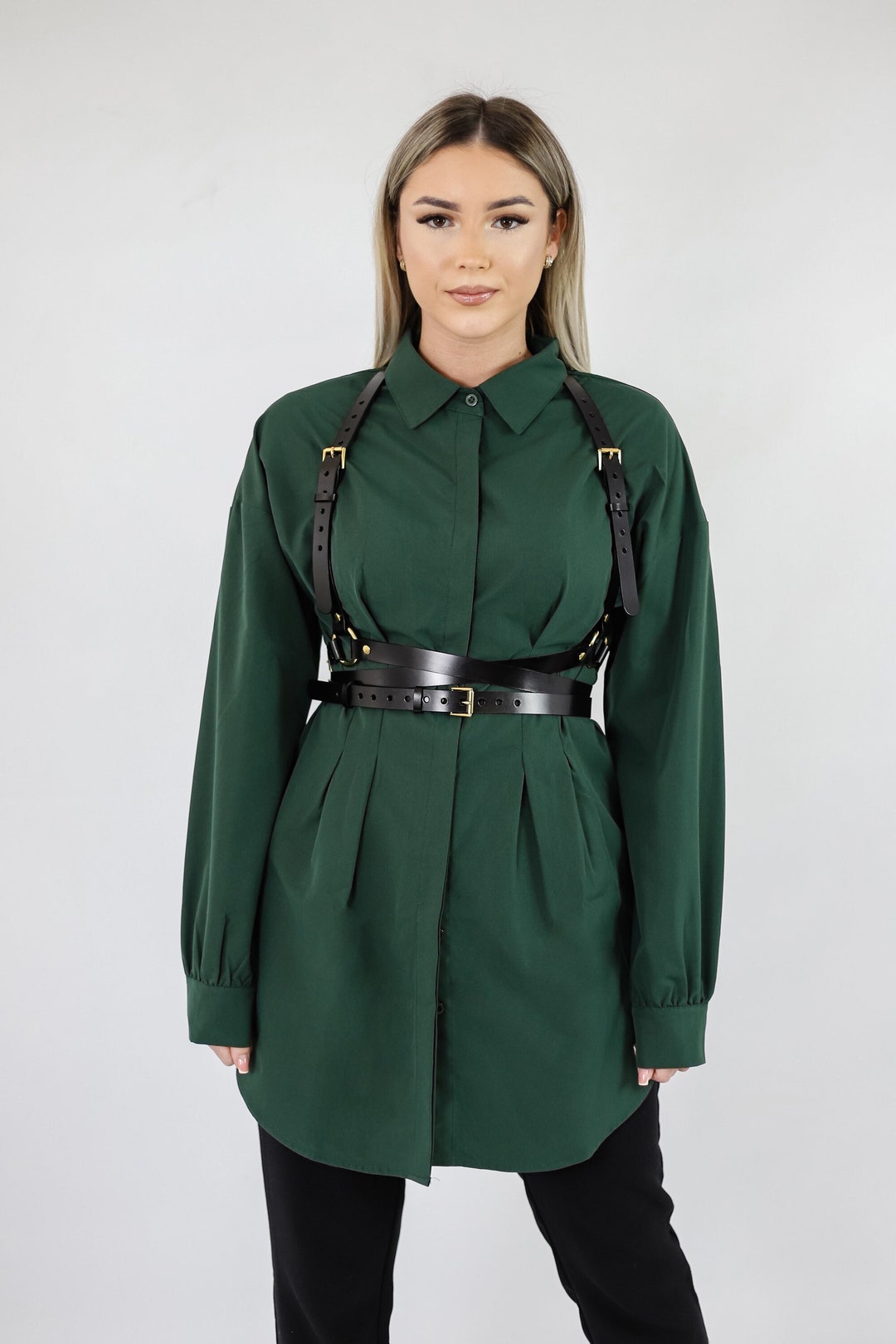 Gold Buckles Double Belt Harness, Black Leather Body Fashion Harness