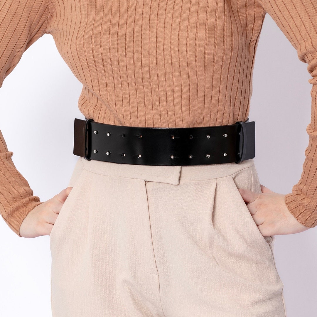 Wide Black Leather Waist Belt