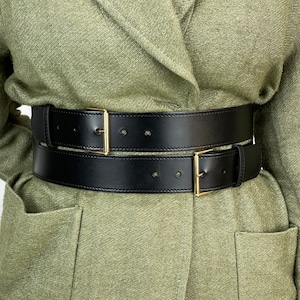 Double Buckle Leather Belt, Wide Leather Belt Women, Wide Black Leather Belt, Wide Belts for Women, Plus Size Belt