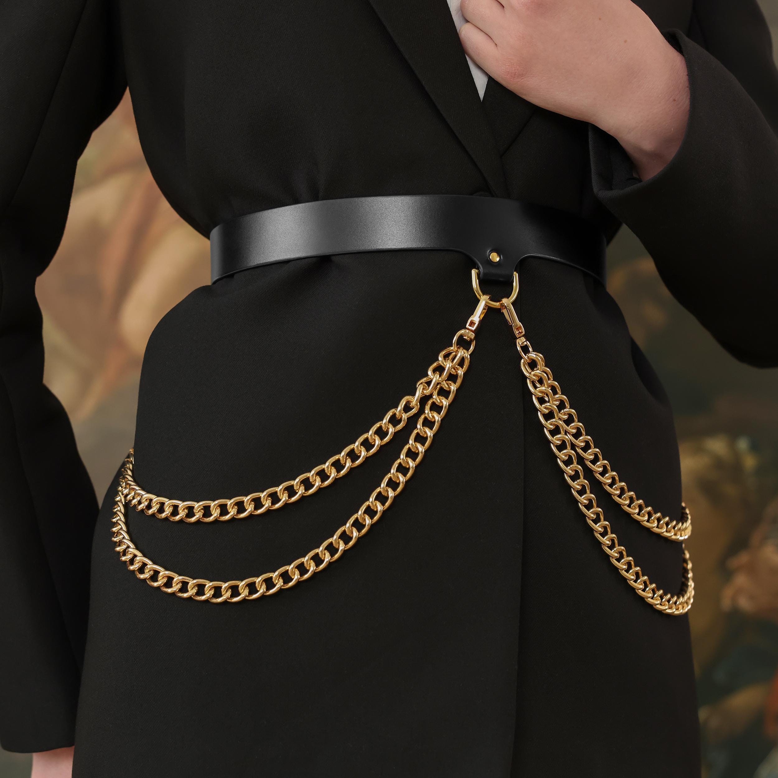 Black leather belt w gold chain/2Buckles. Twin Zipper Travel Money Belt 1 1/2 main image 2