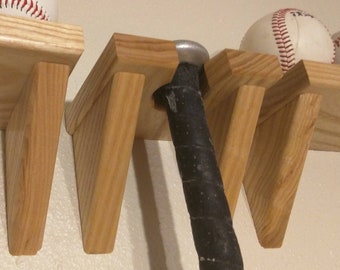 Baseball Bat Wall Hanger, Solid Ash Wood, Softball Bat Hook, Display, Kid Room Sports Theme Decor, Simple Shelf Style Bracket, Caddy, Mount