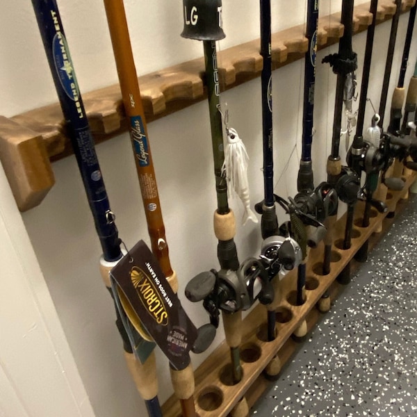 Vertical Fishing Rod Rack, Solid Walnut Wood Pole Holder, Lodge Decor, Hunting Cabin Furnishing, Premium Fathers Day Gift for Dad, Fisherman