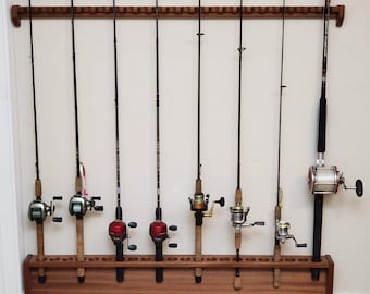 Solid Mahogany Rod Rack, 46 Inch Wall Mounted Built In Fishing Pole Holder, Real Estate Closing Gift for Fisherman Outdoorsman Hunting Cabin