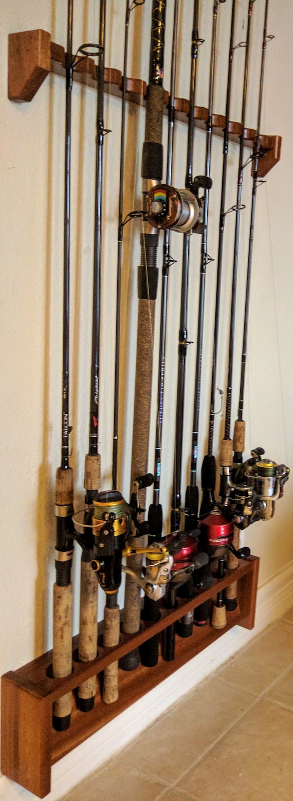 Fishing Rod Rack, Mahogany, Solid Wood Custom Size Wall Mount Pole