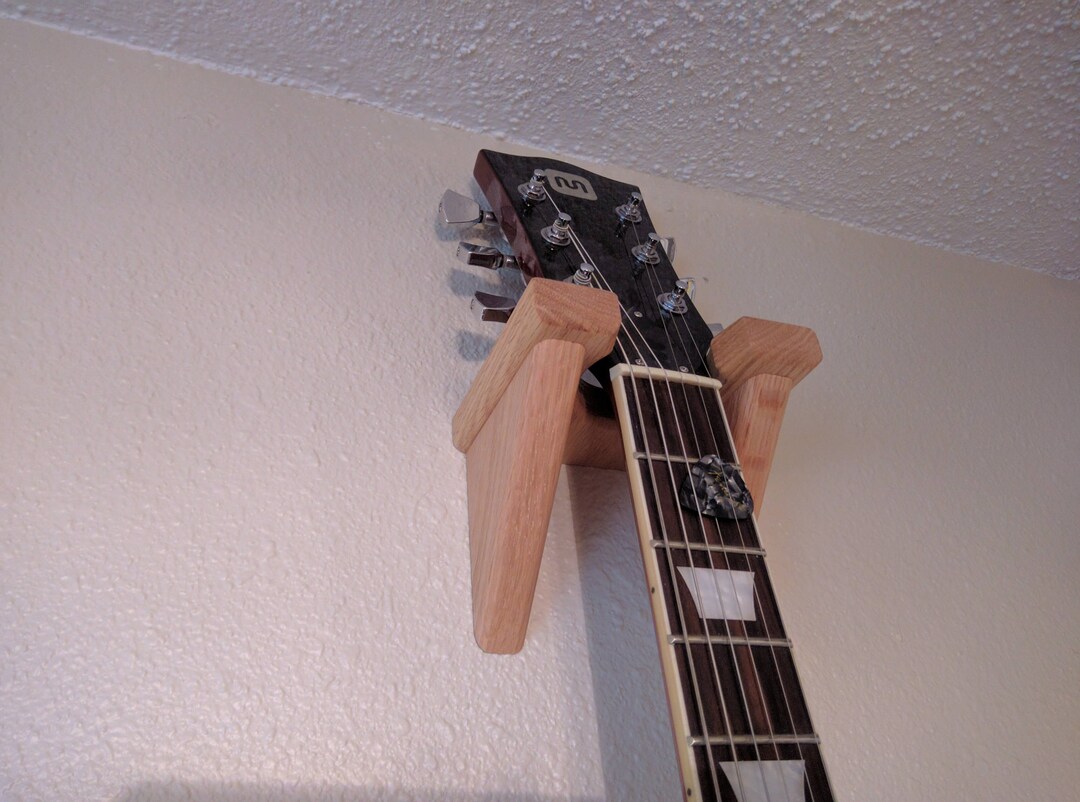 Wooden Guitar Hanger, Solid Red Oak Instrument Wall Mount, Storage and