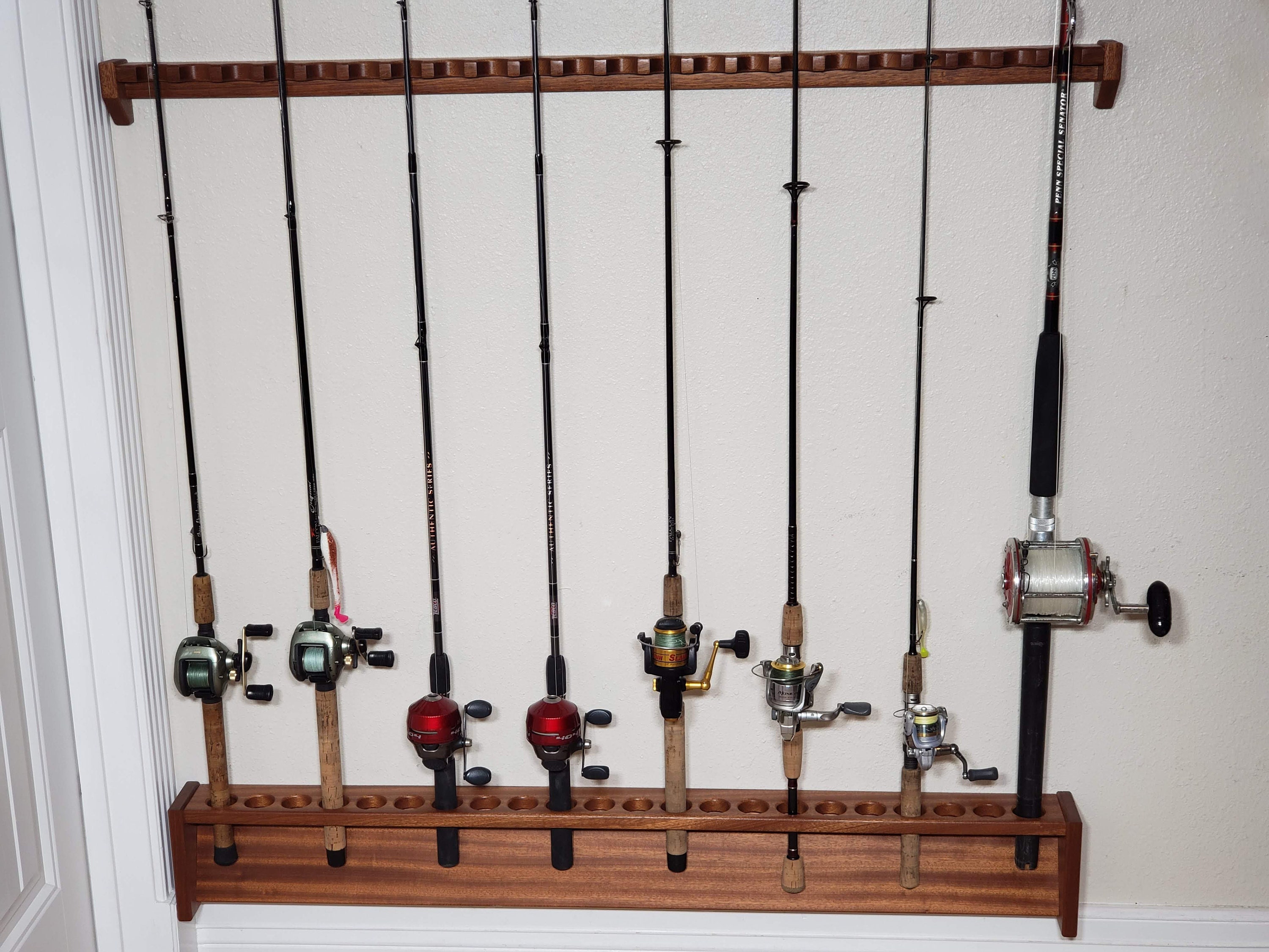 Solid Mahogany Rod Rack, 46 Inch Wall Mounted Built in Fishing