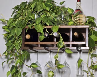 Wooden Wine Rack Shelf, Wall Cubby Bottle & Stemware Holder, Beverage Bar, Glass Hanging, Unique Narrow Custom Decorative Floating Shelf