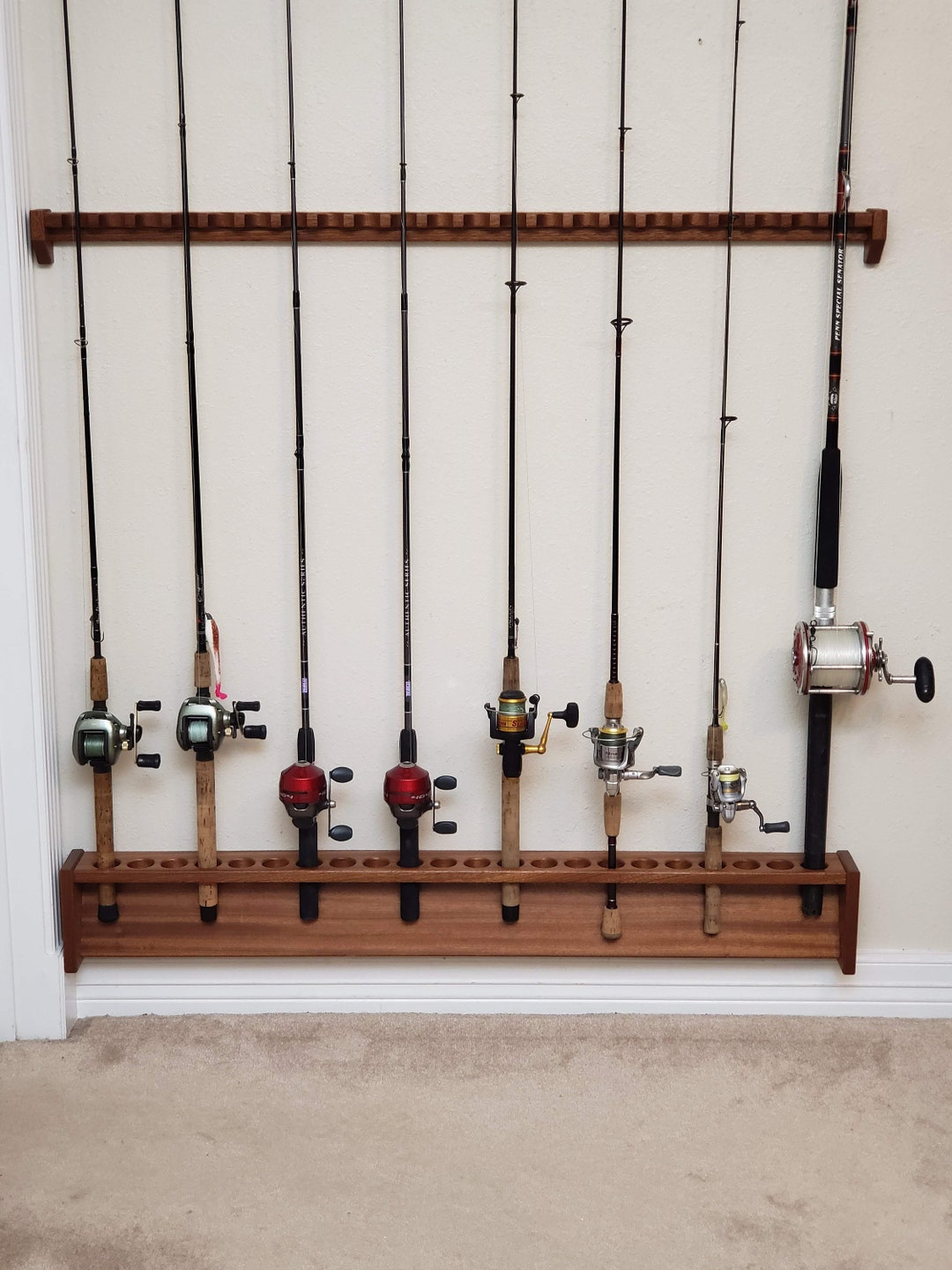 Solid Mahogany Rod Rack, 46 Inch Wall Mounted Built in Fishing Pole Holder,  Real Estate Closing Gift for Fisherman Outdoorsman Hunting Cabin 