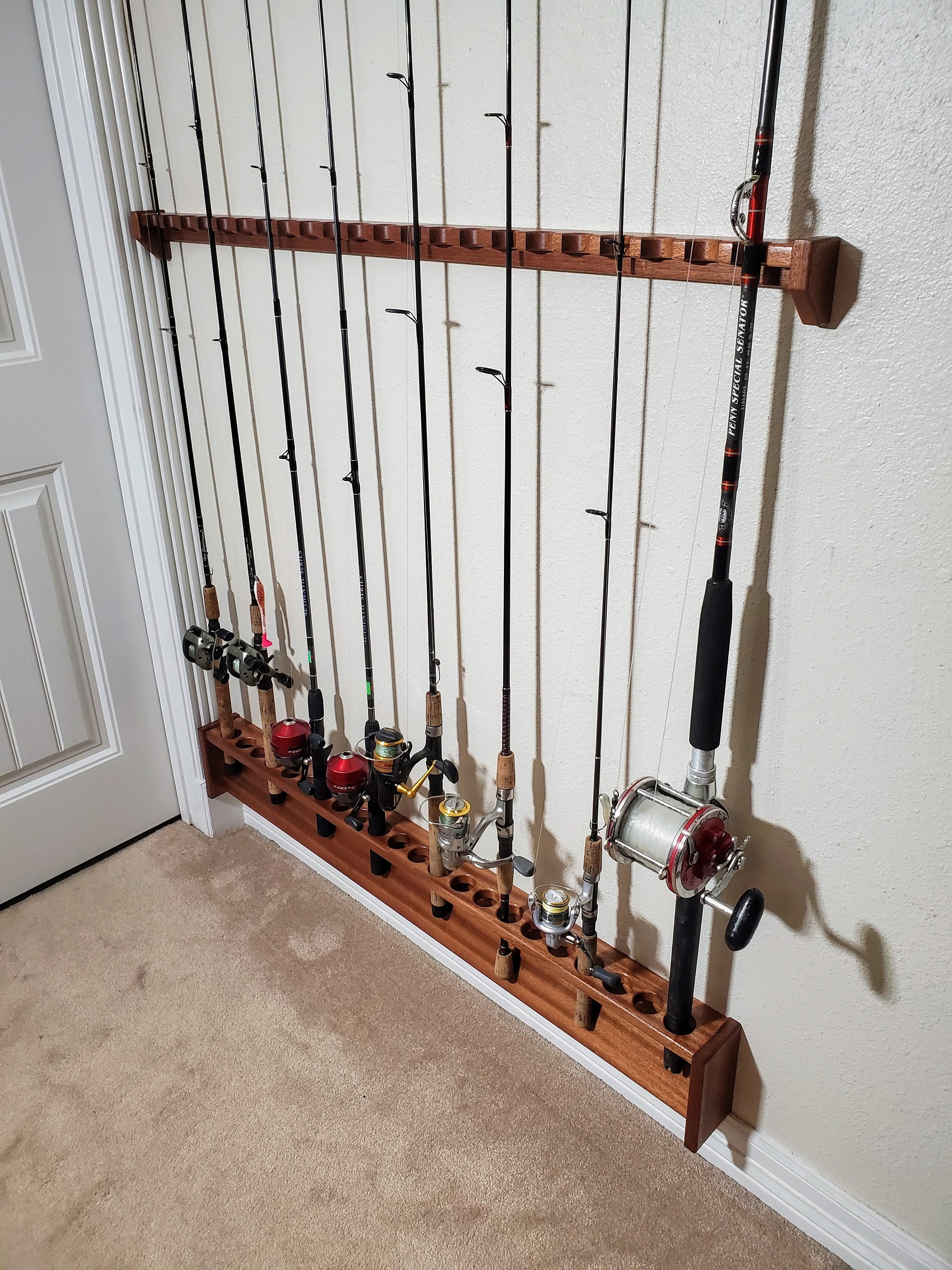 Solid Mahogany Rod Rack, 46 Inch Wall Mounted Built in Fishing