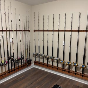 Mahogany Fishing Rod Rack, Custom Wall Mount Vertical Tackle Display Holder