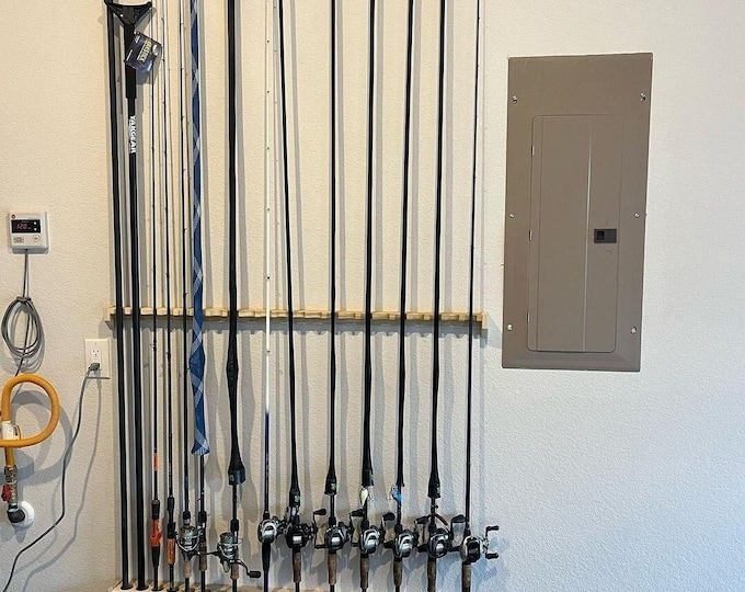 Fishing Rod Rack, Custom Size Unfinished Solid Wood Pole Holder, Vertical Tackle Storage Solution, Housewarming Gift for Fisherman, Hunter