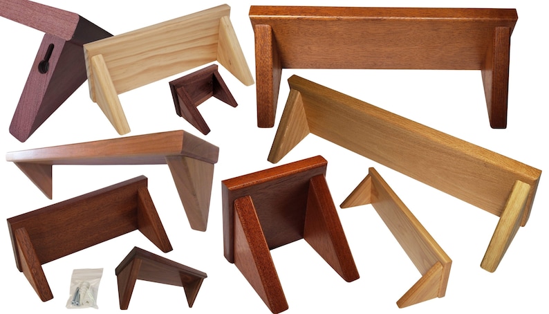 May include: Assortment of wooden shelves in various sizes and finishes, including natural wood, dark wood, and stained wood. The shelves are designed for wall mounting and feature triangular brackets.