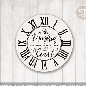 Memories Are Timeless Treasures Of The Heart Clock Face SVG Cut File and Printable. Vintage and Rustic Clock Face for Modern Farmhouse.