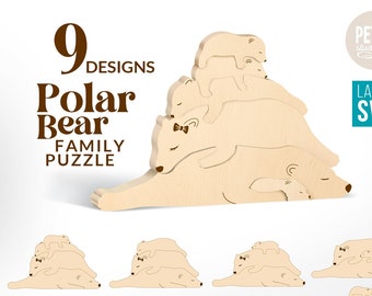 Polar Bear Family Puzzle Laser Cut Files Bundle. With Personalizable Frame, perfect for gifts. Svg and Dxf supported.