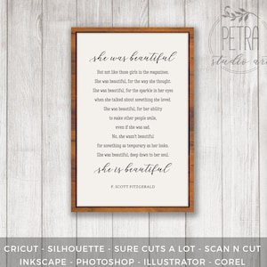 Póster imprimible con citas "Ella era hermosa" de F. Scott Fitzgerald para decoración rústica del hogar y decoración de paredes de estilo rústico. Citas inspiradoras.