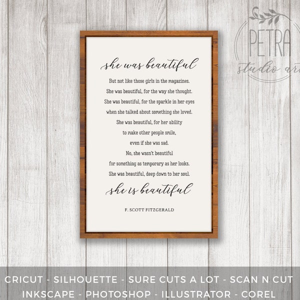 She Was Beautiful Printable Quotes by F Scott Fitzgerald Poster for Rustic Home Decor and Farmhouse Wall Decoration. Inspirational Quotes.