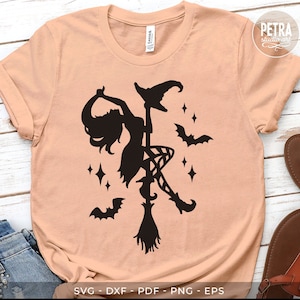 Broom Dancing Witch SVG Cut File. A Halloween SVG, great for making Halloween T-Shirt and Other Apparel.