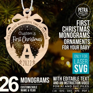 First Christmas 26 Monograms Ornament. Laser Ready SVG For Glowforge. Personalizable Ornament For Your Christmas Tree.
