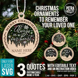 Paquete de archivos SVG de adornos navideños conmemorativos para Laser Glowforge. Tres diseños personalizables para adornos para árboles de Navidad.