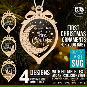 File SVG Bundle First Christmas Ornament per Laser Glowforge. Quattro design personalizzabili per decorazioni per l'albero di Natale per bambini.