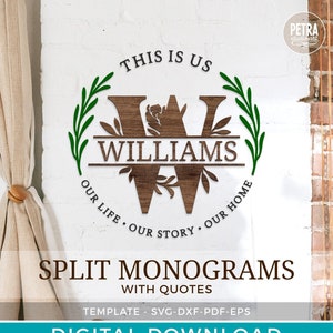 May include: A digital download template for a split monogram with the text "This is Us" and "Williams" in a circle with green leaves and a wooden letter W. The text below reads "Our Life. Our Story. Our Home" and "Split Monograms with Quotes".