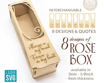 Valentine Rose Flower Box Laser Cut SVG Files, with Several Interchangeable Designs and Romantic Quotes.