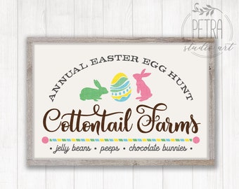Cottontail Farms Sign Easter SVG cut file. Annual Easter Egg Hunt, an Easter Egg and Rabbit for Rustic Modern Farmhouse Wall Art Decoration.