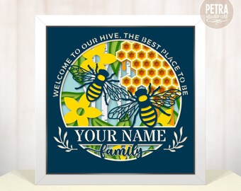 Bienvenido a nuestra colmena 3D, capa de papel para caja de sombras, plantilla personalizada SVG, archivo de corte con abeja y colmenas.