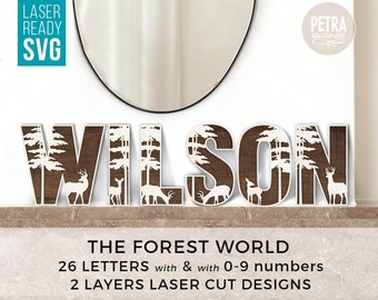 May include: Laser cut design of the name "WILSON" in brown wood with a white forest and deer silhouette. The design is labeled "The Forest World" and includes 26 letters and 0-9 numbers. The design is available as a digital download in SVG, DXF, PDF, and EPS formats.
