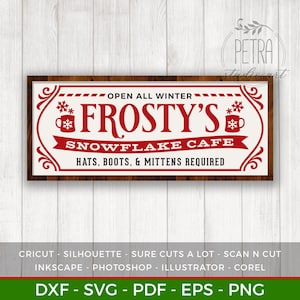 Frosty's Snowflake Cafe Svg Cut-bestand voor rustieke kerst Home Decor en boerderij muur teken. Persoonlijk en klein zakelijk gebruik.