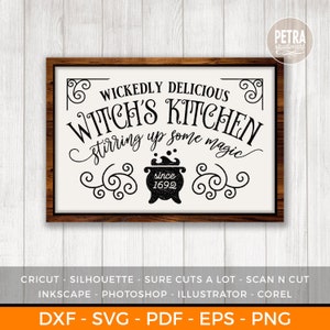 May include: Black and white sign with the text "Wickedly Delicious Witch's Kitchen stirring up some magic since 1692" with a cauldron and swirls.