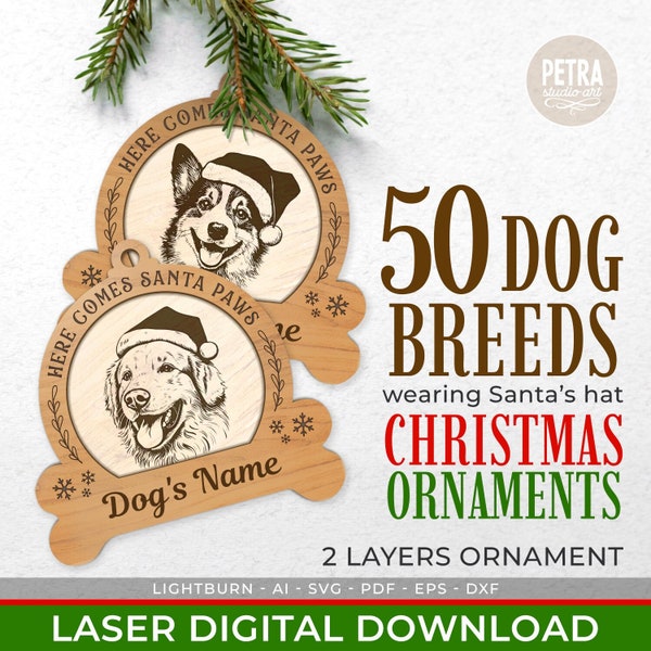 Boule de Noël pour chien SVG Bundle fichier laser. Races de chiens populaires avec des salutations amusantes. Le nom du chien peut être personnalisé.