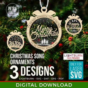 Weihnachtslieder Ornament Laser bereit SVG-Dateien für Glowforge. Drei Designs von geschichteten Weihnachtsornamenten.