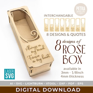 Valentine Rose Flower Box Laser Cut SVG Files, with Several Interchangeable Designs and Romantic Quotes.