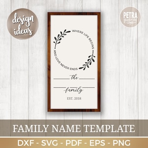Letra con apellido de familia y corona de primavera SVG para letrero rústico moderno para casa y granja. Con la palabra When Life Begins and Love Never Ends.