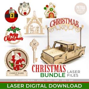 Christmas Bundle Laser Files Contains of Various Ornaments, Truck, and Decorations Designs. One of them is personalizable.
