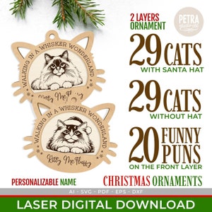 Lot de décorations de Noël de races de chats populaires gravées au laser et gravées dans un fichier SVG, avec des jeux de mots drôles de chats. Le nom du chat peut être personnalisé.