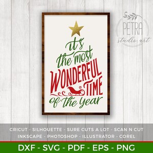 Pode incluir: Um download digital de um design temático de Natal com uma árvore de Natal estilizada com o texto "É a época mais maravilhosa do ano". O design é em vermelho, verde e dourado.