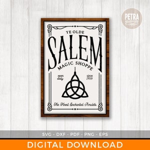 May include: A digital download of a printable sign that says "Ye Olde Salem Magic Shoppe" with a triquetra symbol and the text "open daily" and "since 1709". The sign is in a brown wooden frame.