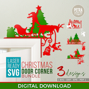 May include: Three laser-cut Christmas door corner designs. The first design features a red reindeer pulling a sleigh with Santa Claus and a Christmas tree. The second design features a red sign with the text "Merry Christmas". The third design features a red sign with the text "Merry Christmas" and a reindeer pulling a sleigh with Santa Claus.