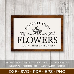 Fleurs fraîches coupées signe fichier de coupe SVG pour le printemps dans une décoration rustique et murale de ferme. Utilisation personnelle pour les petites entreprises.