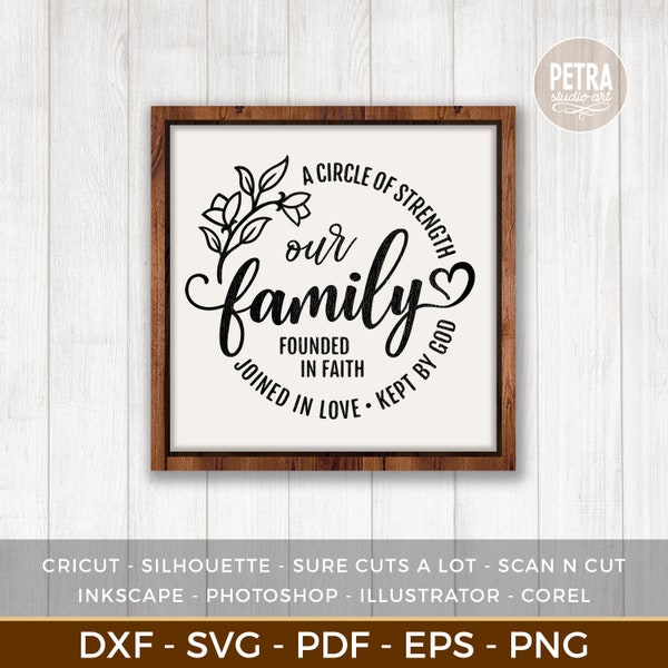 Our Family A Circle of Strength, Founded on Faith, Joined in Love, Kept by God SVG Cut File for Living Room of Modern Farmhouse.