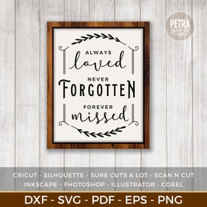 Toujours aimé, jamais oublié, manqué à jamais. In Loving Memory fichier de coupe SVG pour signe commémoratif de ferme.