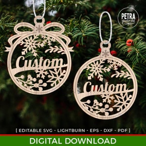 Ornamento natalizio con file SVG laser modificabili per Glowforge. Nome personalizzabile per ornamenti per alberi di Natale.