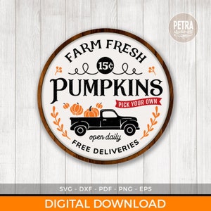 Farm Fresh Pumpkins SVG Cut File. A Fall SVG Cut File with Truck and Autumn Leaves. Great for Rustic Sign and Modern Farmhouse Decor.