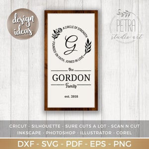 Letra con apellido de familia y corona de primavera SVG para letrero rústico moderno para casa y granja. Con un círculo de palabras de fuerza, fe y amor.