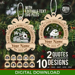 Arquivos SVG de enfeites de Natal a laser com texto editável. Dez designs personalizáveis com citações para enfeites de árvore de Natal.
