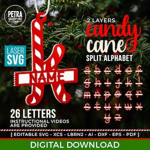 Candy Cane Split Alphabet Christmas Ornament SVG. 26 Letters of Personalizable Laser SVG File. Great For Crafting Christmas Tree Ornaments.